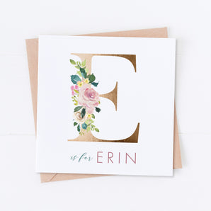 Pink and Gold Floral Initial Birthday Card