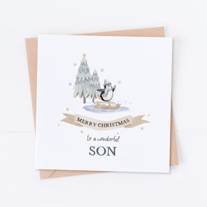 Blue Wonderful Son Penguin Christmas Card