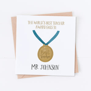 Blue World's Best Teacher Medal, Thank You Card