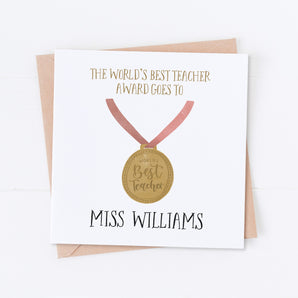 Pink World's Best Teacher Medal, Thank You Card
