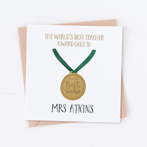 Green World's Best Teacher Medal, Thank You Card