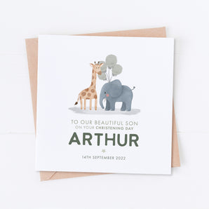 Green Safari Giraffe and Elephant Christening Card