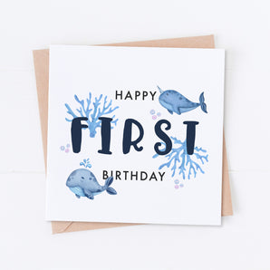 Navy Blue Whales First Birthday Card