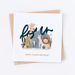 Safari Animals Fourth Birthday Card