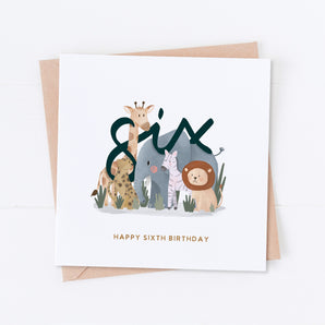 Safari Animals Sixth Birthday Card
