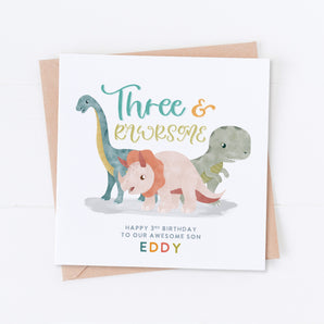 Three and Rawrsome Dinosaur Birthday Card
