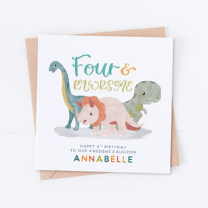 Four and Rawrsome Dinosaur Birthday Card