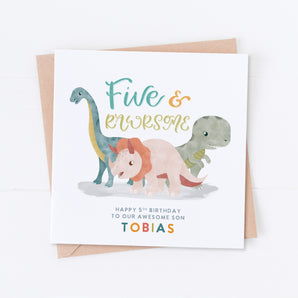 Five and Rawrsome Dinosaur Birthday Card