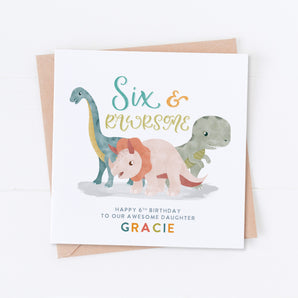 Six and Rawrsome Dinosaur Birthday Card
