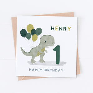 Green T-Rex and Balloons Birthday Card