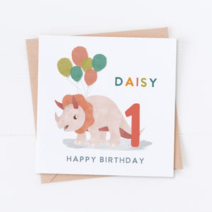 Coral Pink Triceratops and Balloons Birthday Card