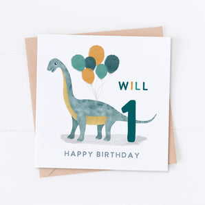 Teal Brachiosaurus and Balloons Birthday Card