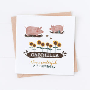 Pigs and Sunflowers Birthday Card