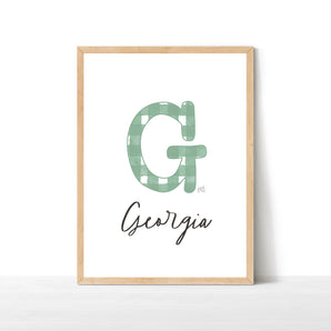Green Gingham Initial Print