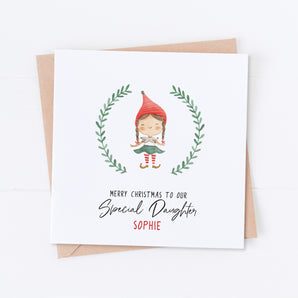 Special Daughter Elf Girl Wreath Christmas Card