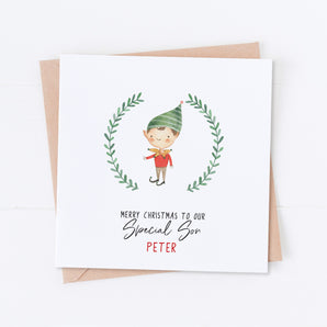 Special Son Elf Boy Wreath Christmas Card