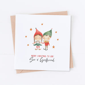 Son and Girlfriend Elves Christmas Card