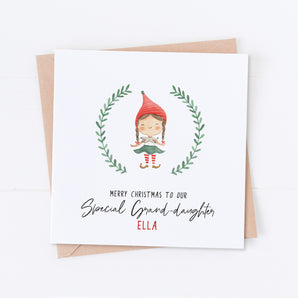 Special Granddaughter Elf Girl Wreath Christmas Card