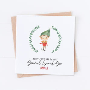 Special Grandson Elf Boy Wreath Christmas Card