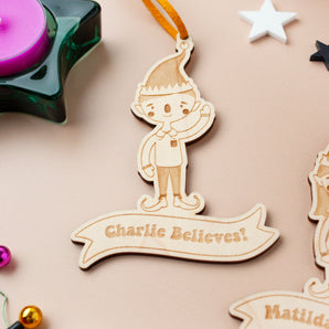 Personalised Elf Boy 'I Believe' Christmas Tree Decoration