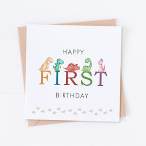 Multi-Coloured Dino First Birthday Card