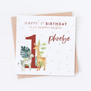 Rust Giraffe and Zebra Safari Birthday Card