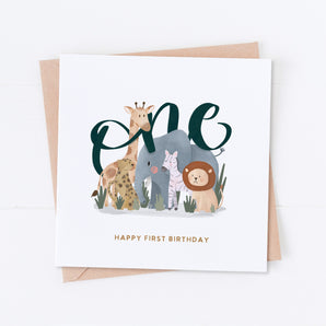 Safari Animals First Birthday Card