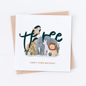 Safari Animals Third Birthday Card