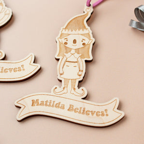 Personalised Elf Girl 'I Believe' Christmas Tree Decoration